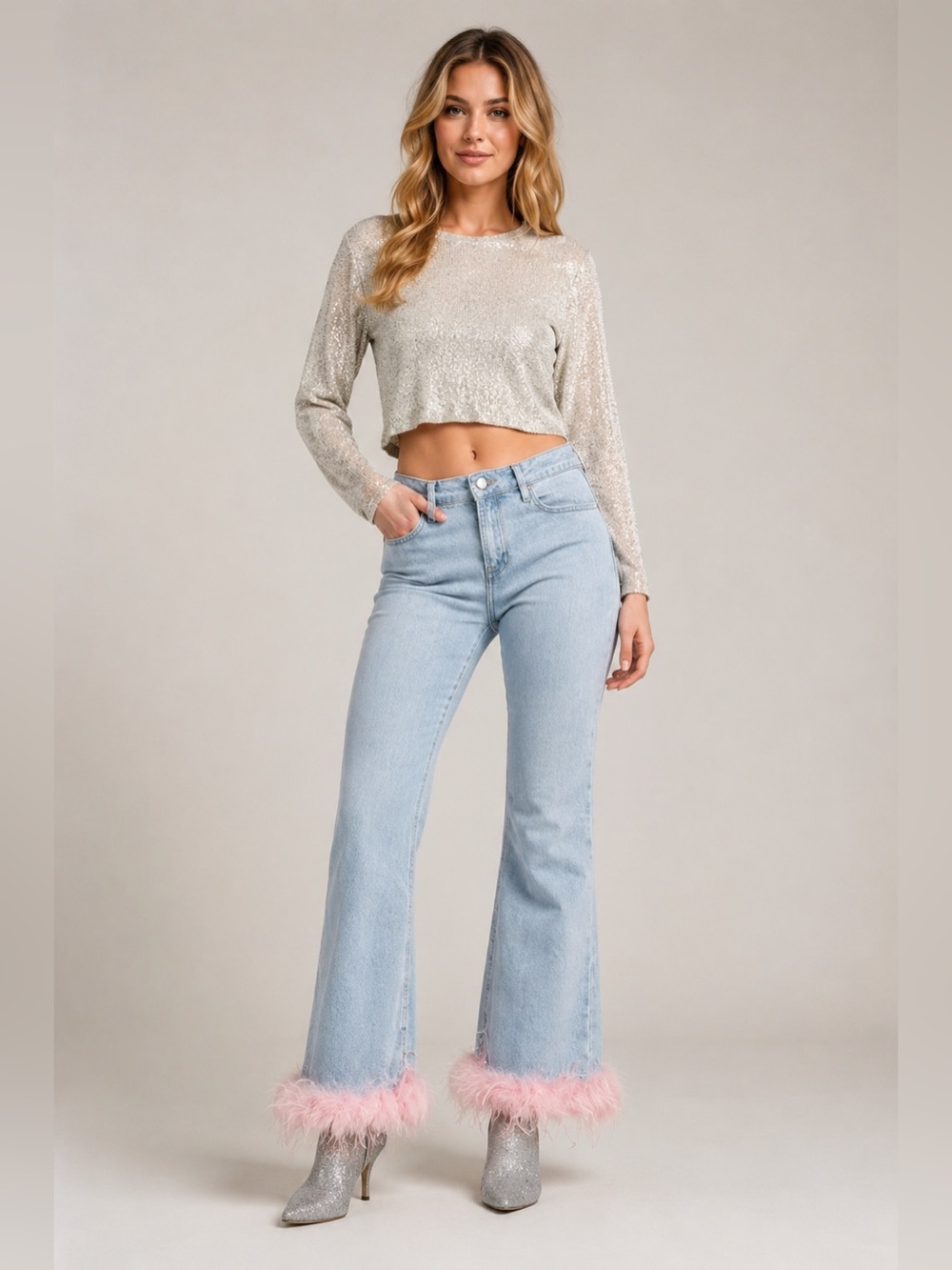 GIANNI BINI x Nastia Liukin Straight Leg Pink Feather Hem Jeans Size 28 NEW